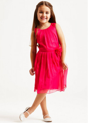 Fuchsia Pleated Chiffon Knee Length Flower Girl Dress With Flower Sash